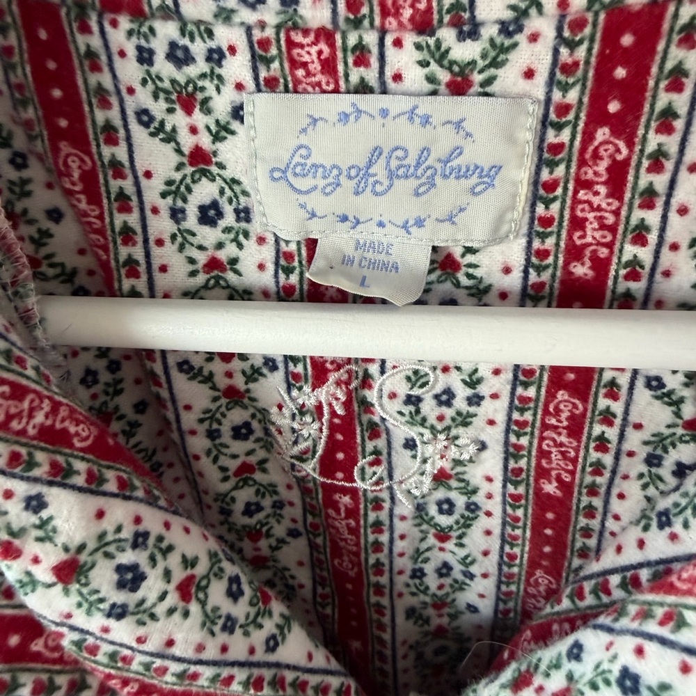 Lanz of Salzburg red white patterned 100% cotton flannel pajama set Women’s sz L - Picture 5 of 12